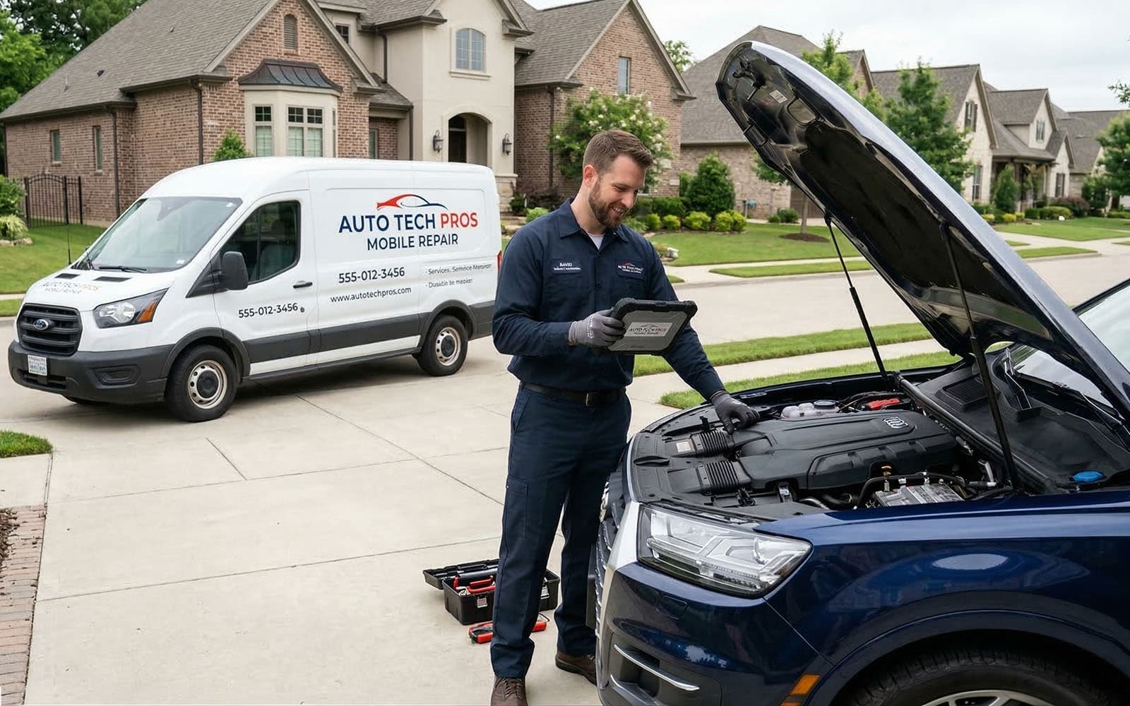 Mobile mechanic working on a vehicle during a residential service call